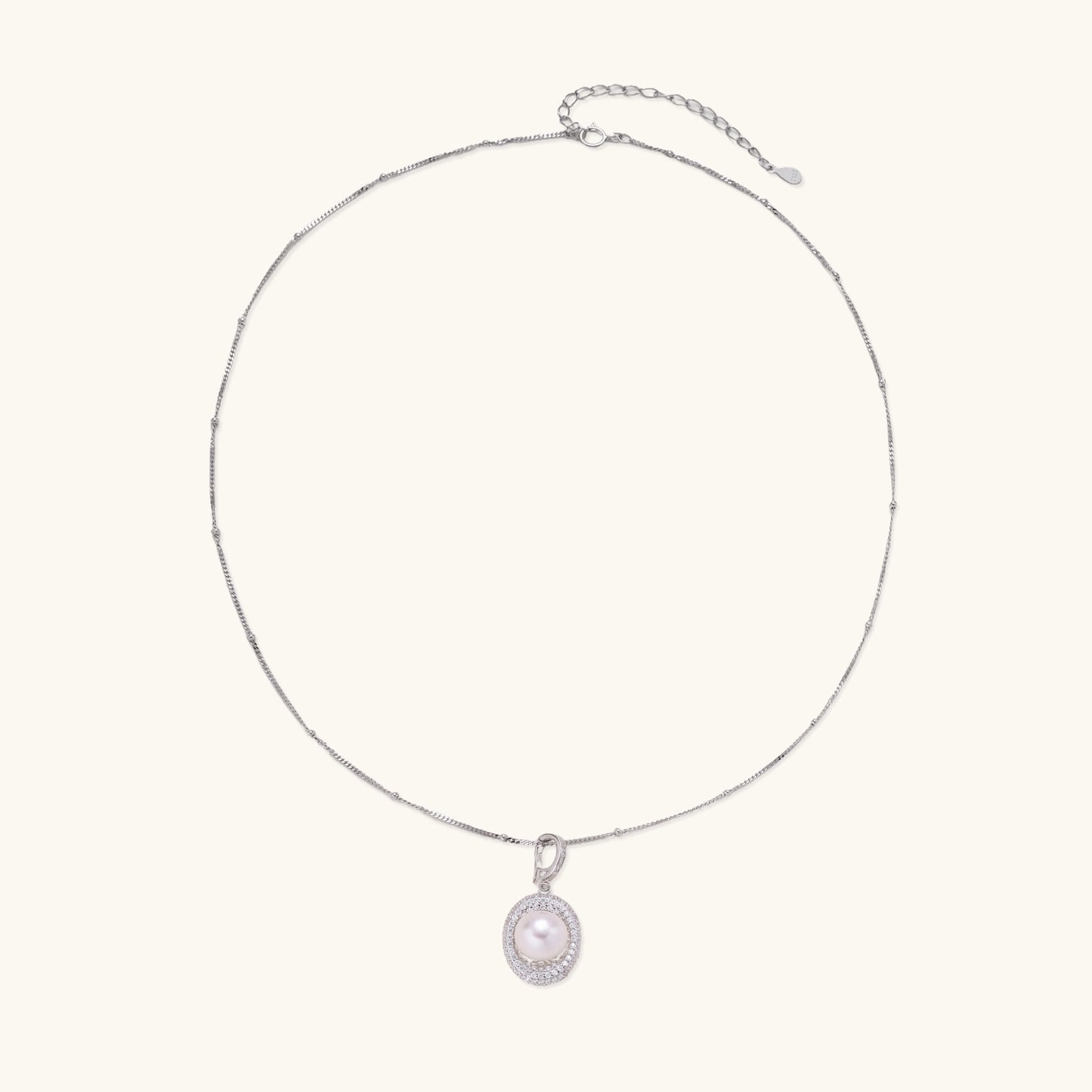 Sterling silver necklace with freshwater pearl in sparkling crystal halo pendant on delicate beaded chain