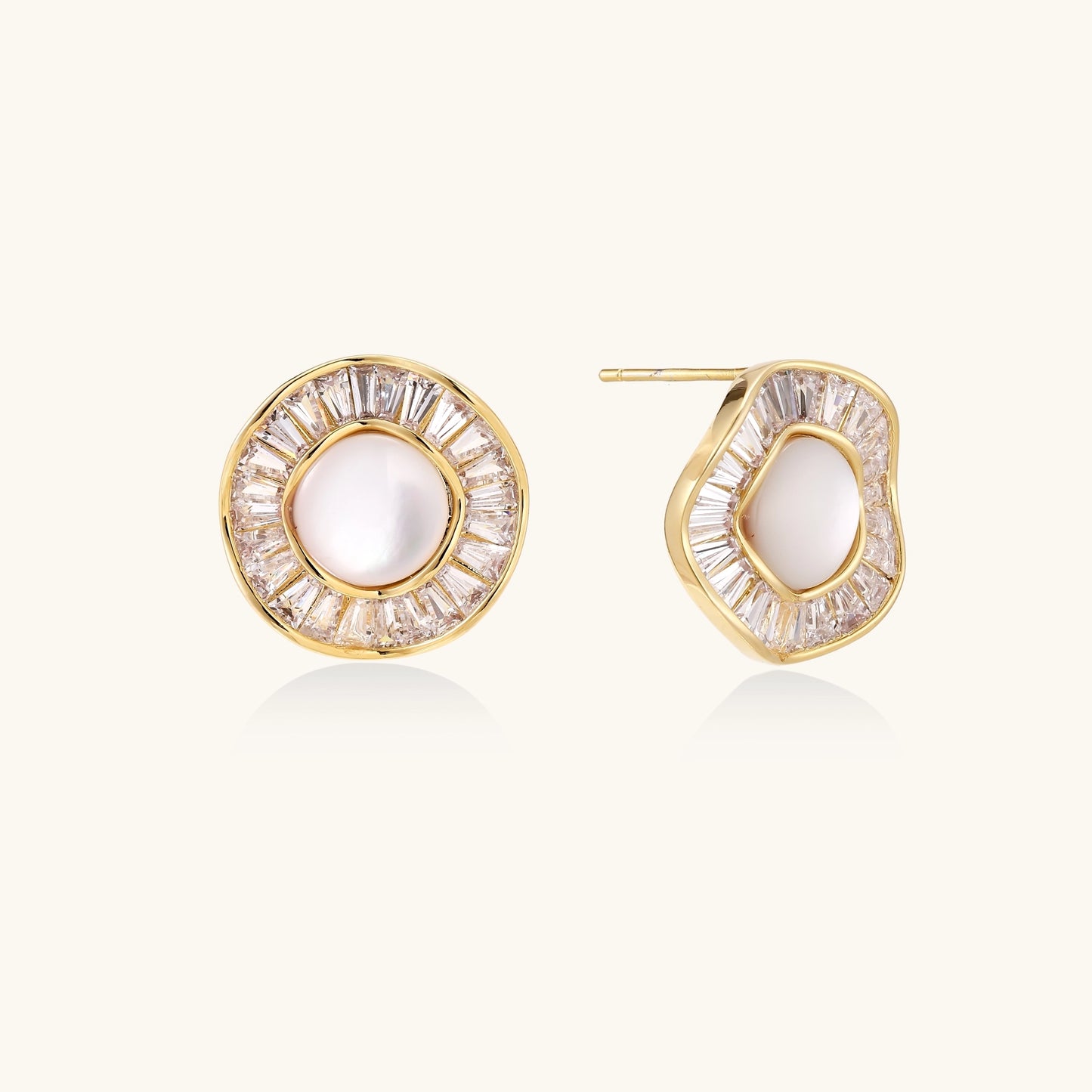 Gold-plated stud earrings with central freshwater pearl surrounded by baguette crystals in radial pattern